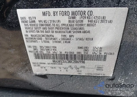 2019 Ford Ecosport Ses z USA, uszkodzony, nr VIN MAJ6S3JL3KC286996